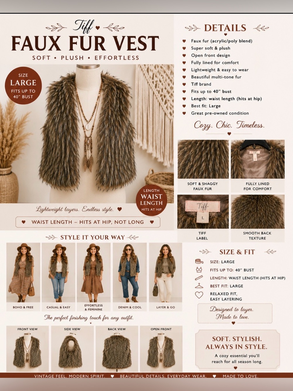 Tiff - Boho, faux fur vest- festival style- size L
